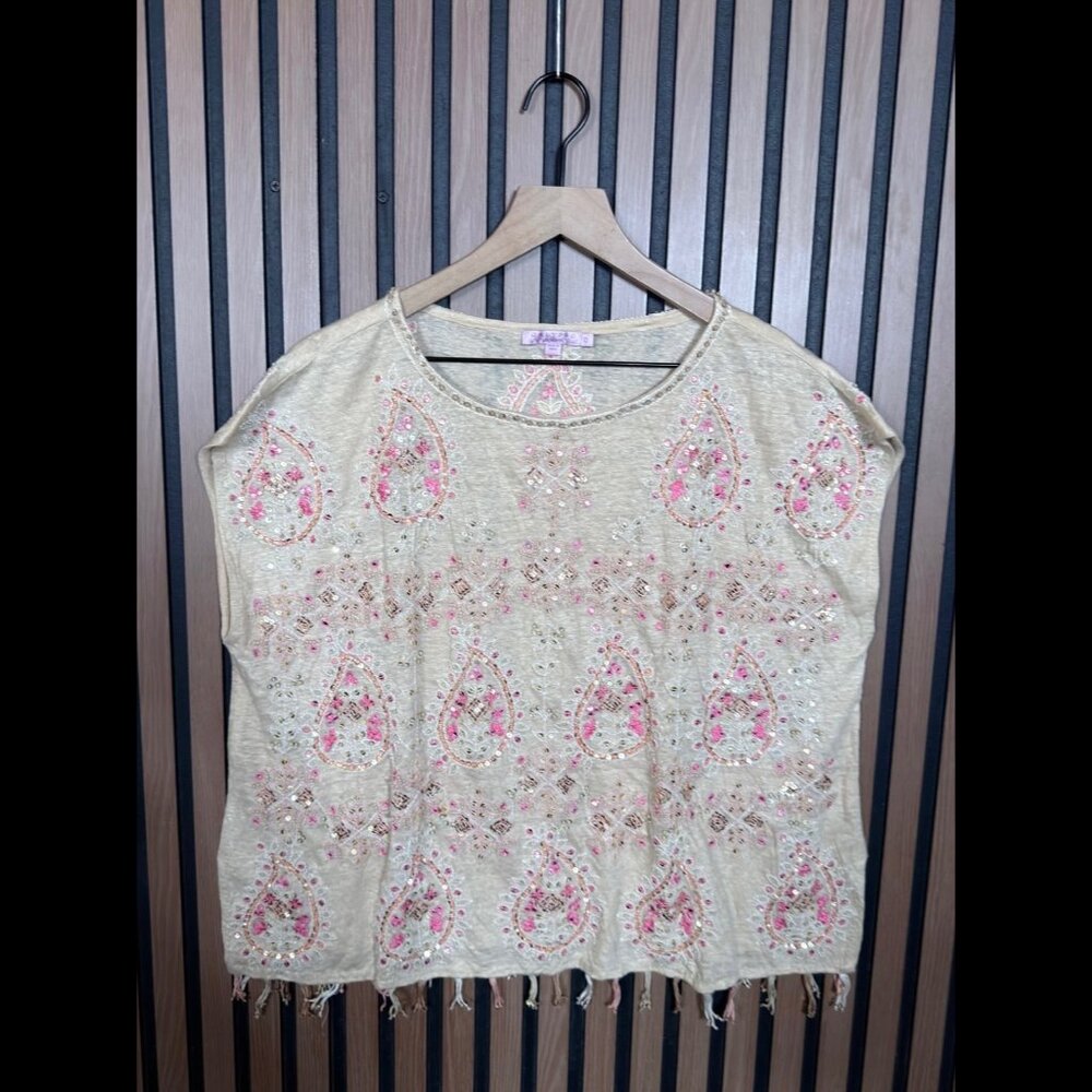 Calypso St Barth Top 0 / XS Womens Beige Sequin Bead Trim Boxy Frayed 100% Linen